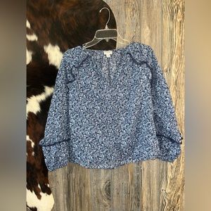 J. Crew Blue Floral Puff Sleeve Ruffled Blouse size XS 100% cotton